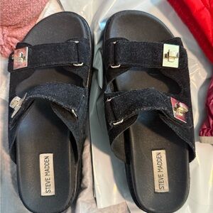 Steve Madden Black Suede Dual Buckle Slide Sandals